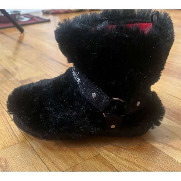 Harley Davidson Toddler Faux Fur Biker Boot Slippers Sz 10-11 Black Branded W Ha - Picture 3 of 12